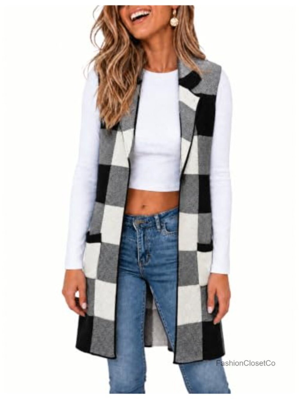 Sleeveless Cardigan Vest Open Front Checkered Knitwear Long Womens